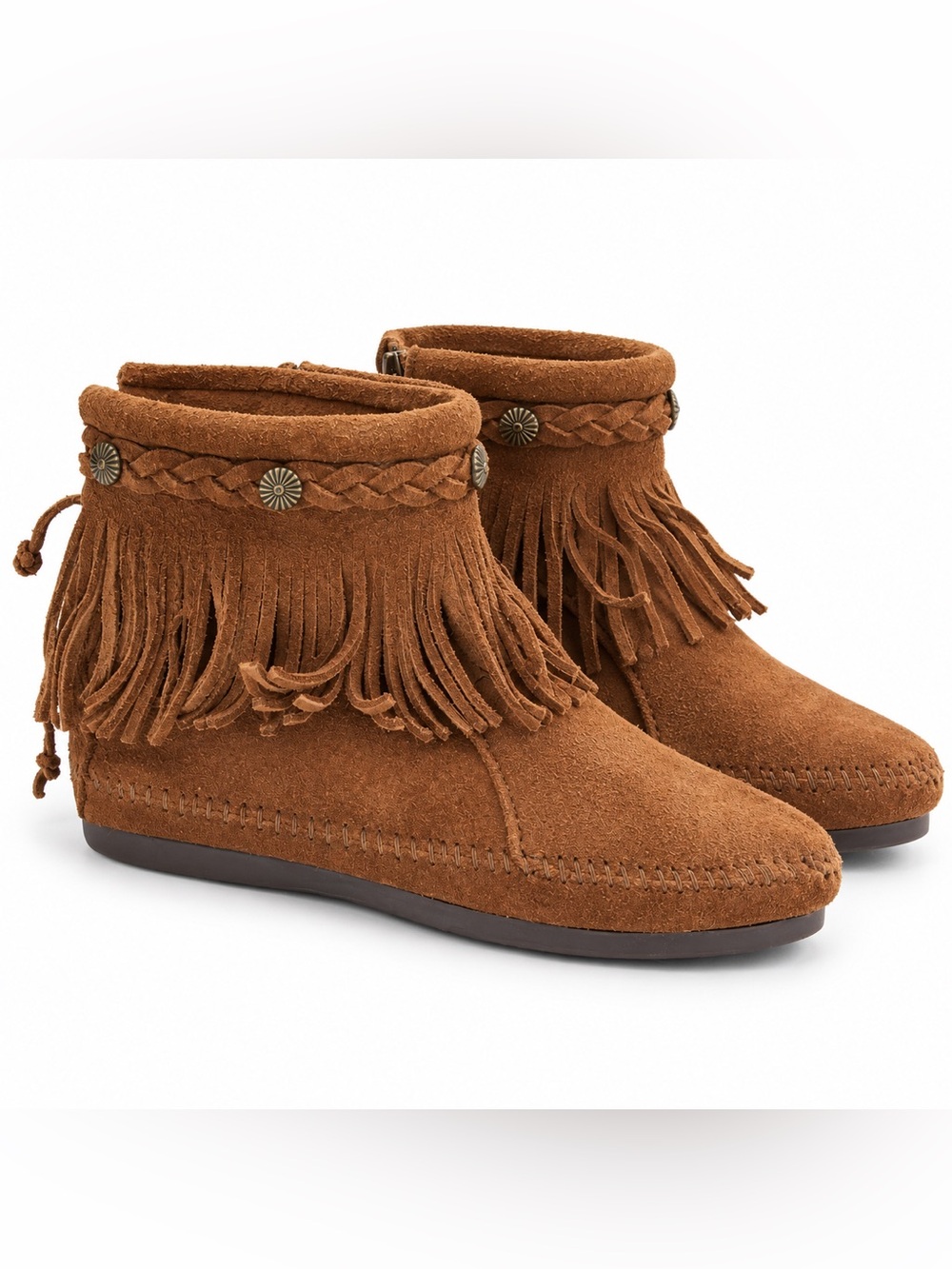 Minnetonka Womens 7 Brown Suede Fringe Ankle Boots Concho Boho Moccasin Zip